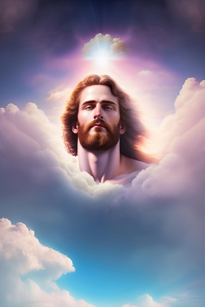 A painting of jesus in the clouds