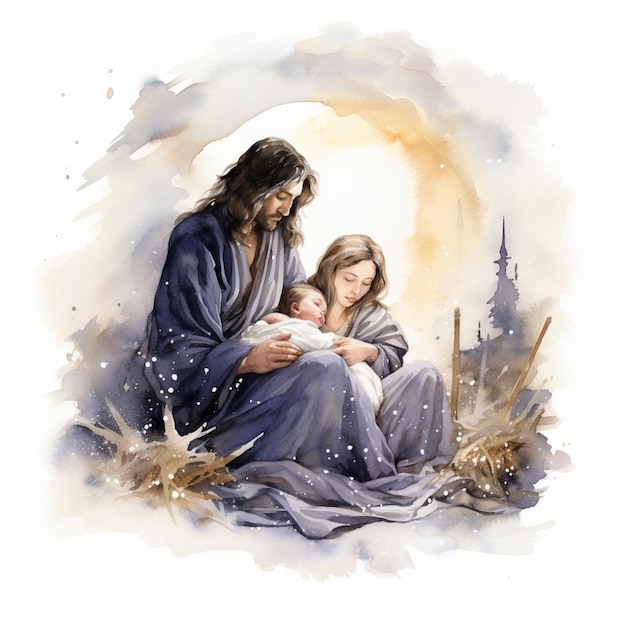 Картина Иисуса, держащего младенца и сидящего на одеяле, генеративный ИИ