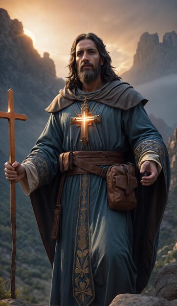 a painting of jesus holding a cross in the mountains