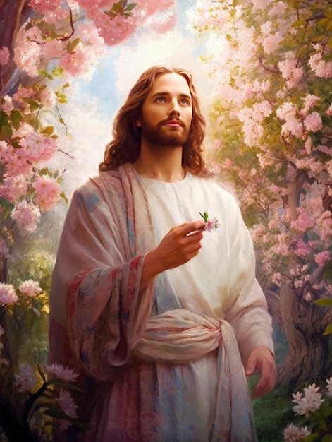 A painting of jesus holding a flower in his hand