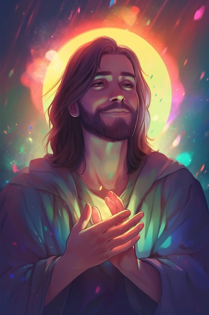 a painting of jesus holding his hands up in front of a bright sun generative ai