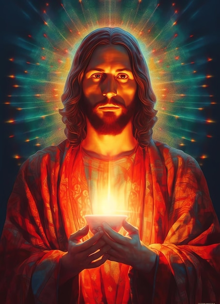 A painting of jesus holding a light in his hands.