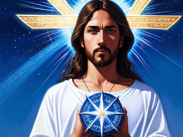 A painting of jesus holding a star with the word jesus on it