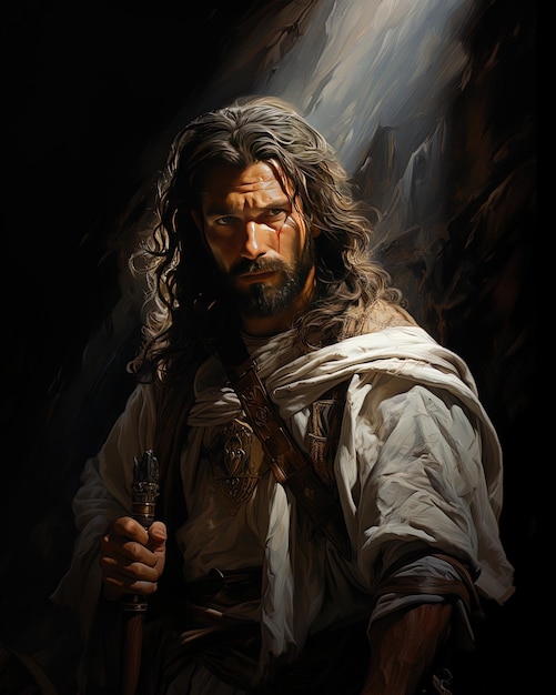 a painting of jesus holding a sword in his hand