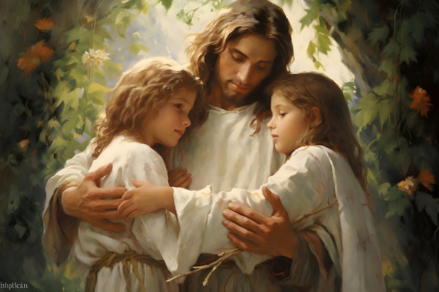 A painting of jesus hugging two young girls.