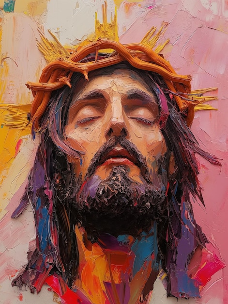 In the painting Jesus is depicted wearing a crown made of pure gold symbolizing his divinity and kin