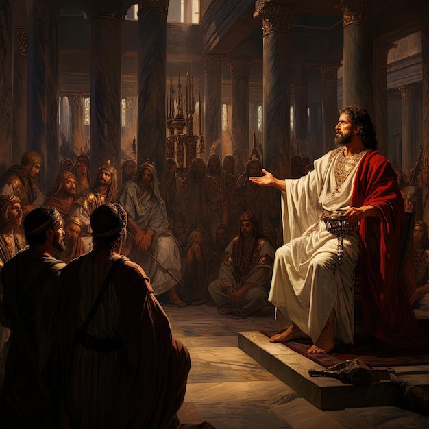 a painting of jesus is shown in a room with a man in front of him