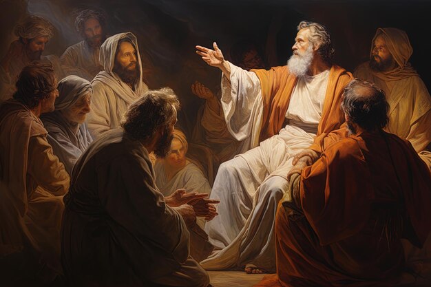 a painting of jesus and the men of the church