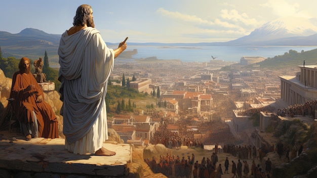 a painting of jesus on a mountain above a city.