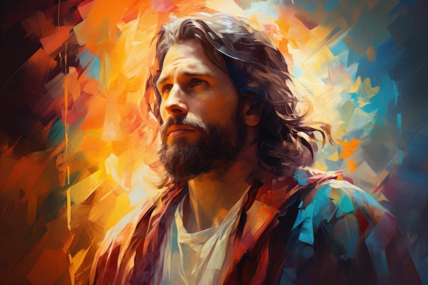 A painting of Jesus portrait on colorful background Digital image