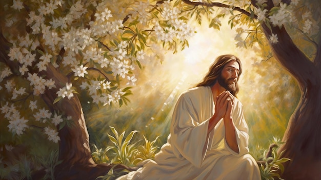 A painting of jesus praying in a garden