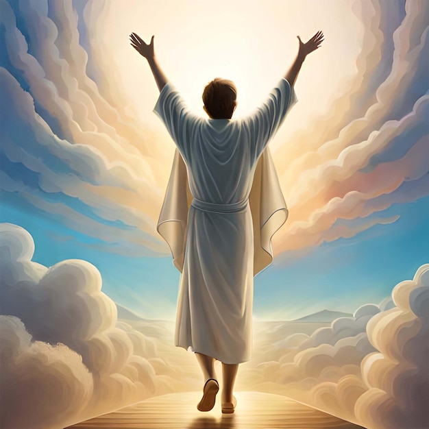 A painting of jesus reaching for the sky