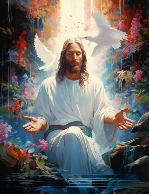 Painting of jesus sitting on a rock with a dove in his hands generative ai