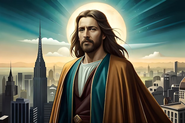 A painting of jesus standing in front of a city skyline.