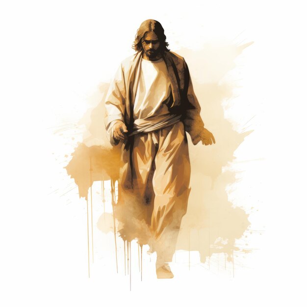 Photo a painting of jesus walking on watercolor paint