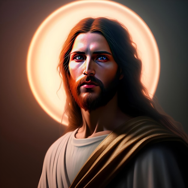 A painting of jesus with a halo around his face.