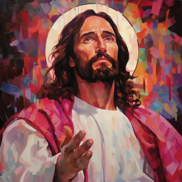 Premium AI Image A painting of jesus with his hands up in the air.