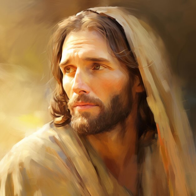A painting of jesus with long hair and beard
