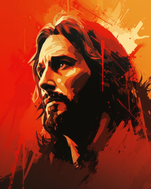 a painting of jesus with long hair and beard