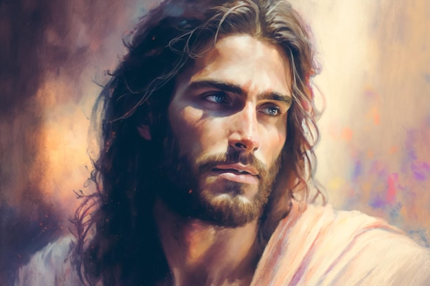 A painting of jesus with long hair and a long beard.