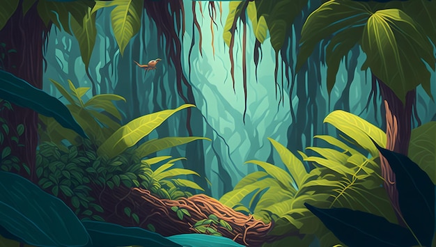 Painting of a jungle scene with a green plant and a green leafy plant generated by ai