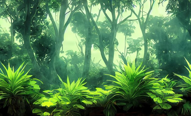 A painting of a jungle scene with a green plant and a green leafy plant