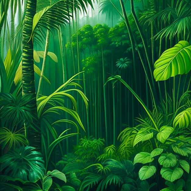 A painting of a jungle scene with a green plant and a green leafy plant