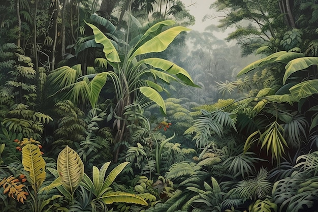 Картина сцены джунглей с зеленым растением и зеленым лиственным растением.