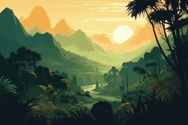 A painting of a jungle scene with mountains and trees generative AI