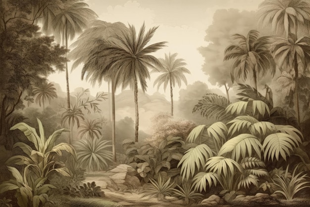 A painting of a jungle scene with palm trees generative AI