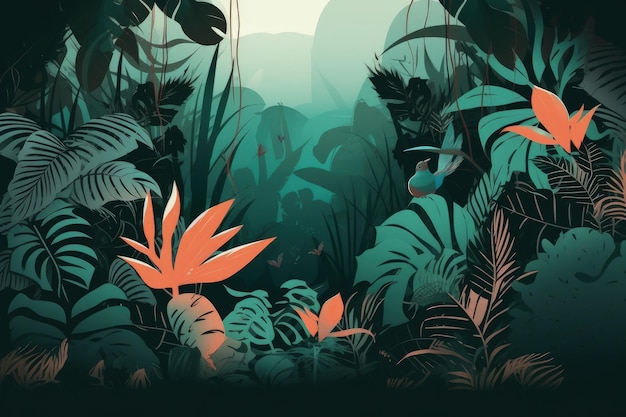 A painting of a jungle scene with plants and birds generative ai