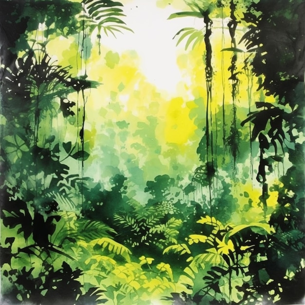 Photo a painting of a jungle scene with trees and plants generative ai