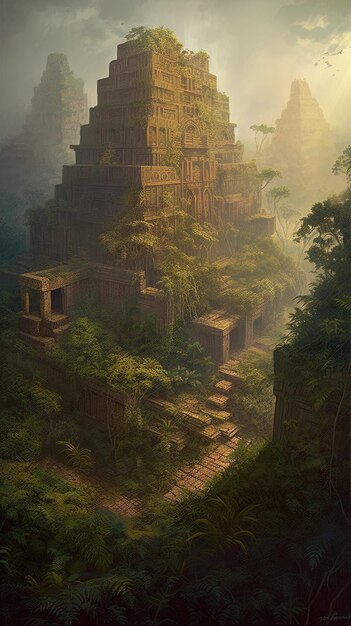 a painting of a jungle with a building in the background