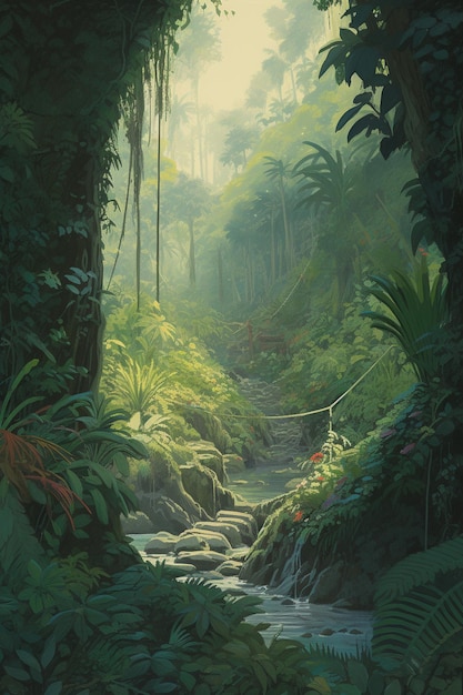 A painting of a jungle with a waterfall and a jungle scene.