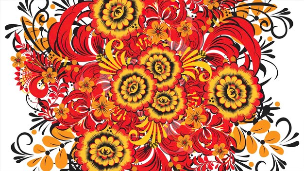 Photo painting khokhloma russia of bright red flowers and berries on white background abstract fractal