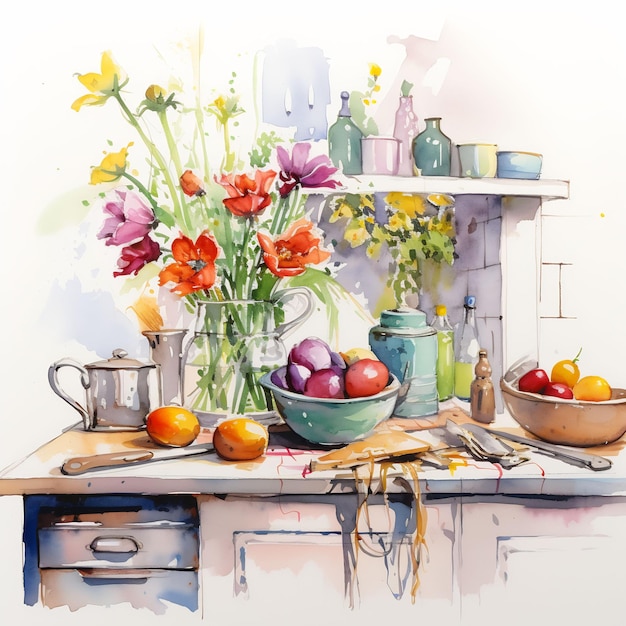 a painting of a kitchen table with flowers and fruit