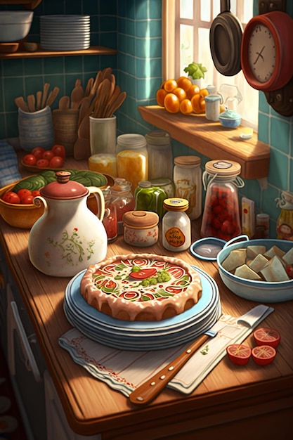 A painting of a kitchen with a pizza on top of it