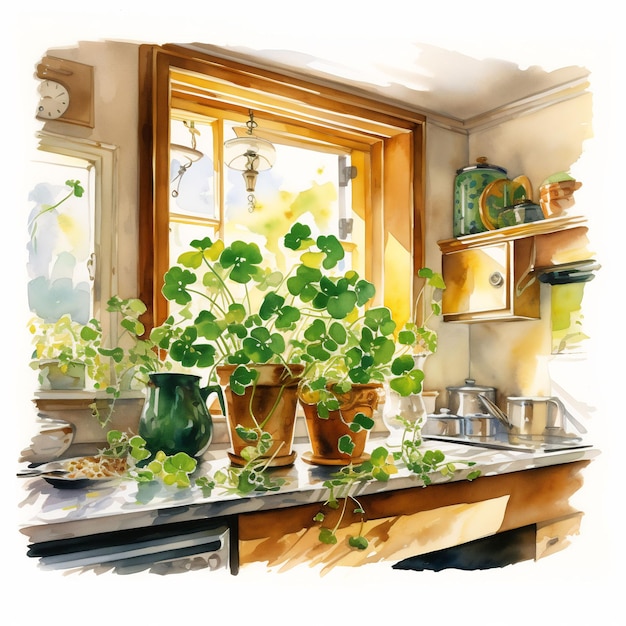 a painting of a kitchen with a plant on the counter