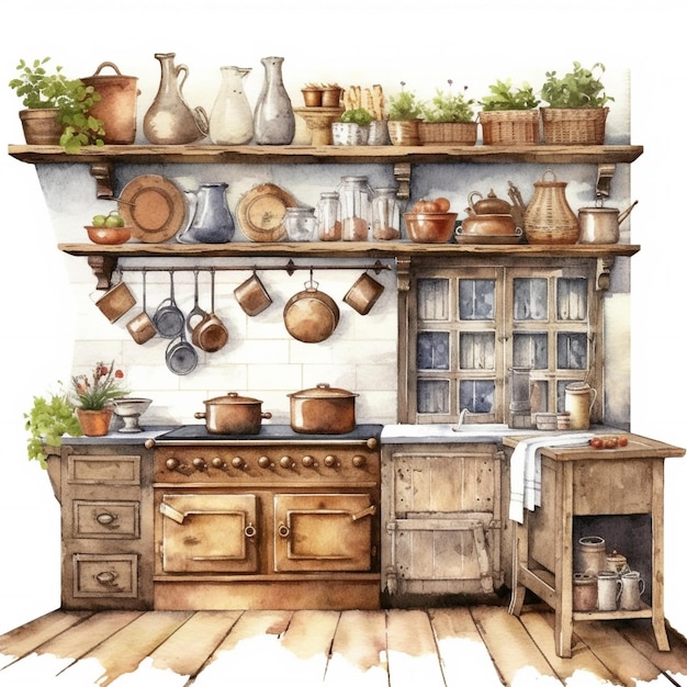 A painting of a kitchen with pots and pans on the shelves