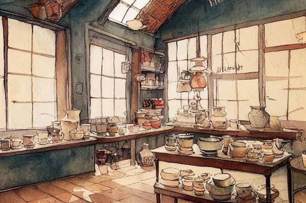 A painting of a kitchen with pots and pans on the wall.