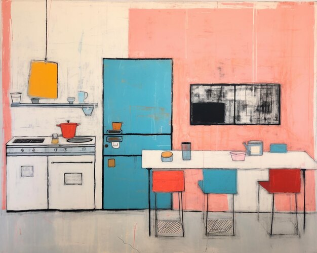 painting of a kitchen with a table generative ai