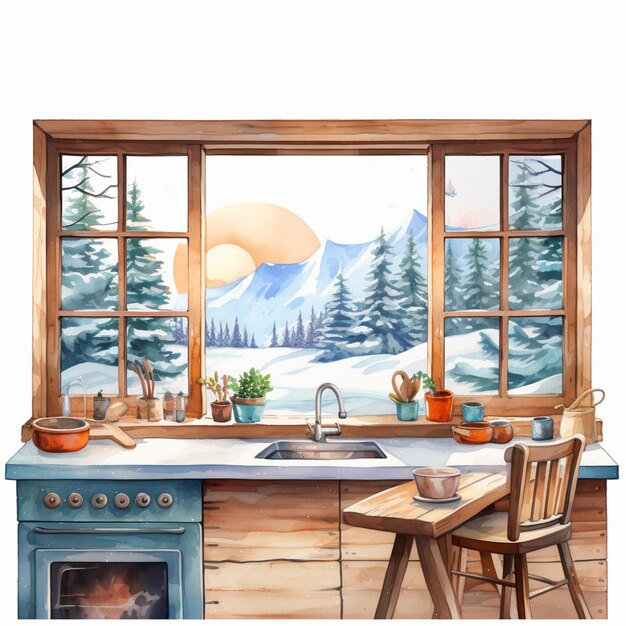 painting of a kitchen with a window and a sink and a stove generative ai