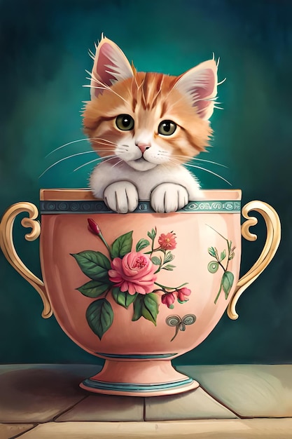 A painting of a kitten in a cup