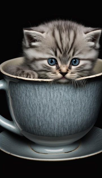 A painting of a kitten in a cup