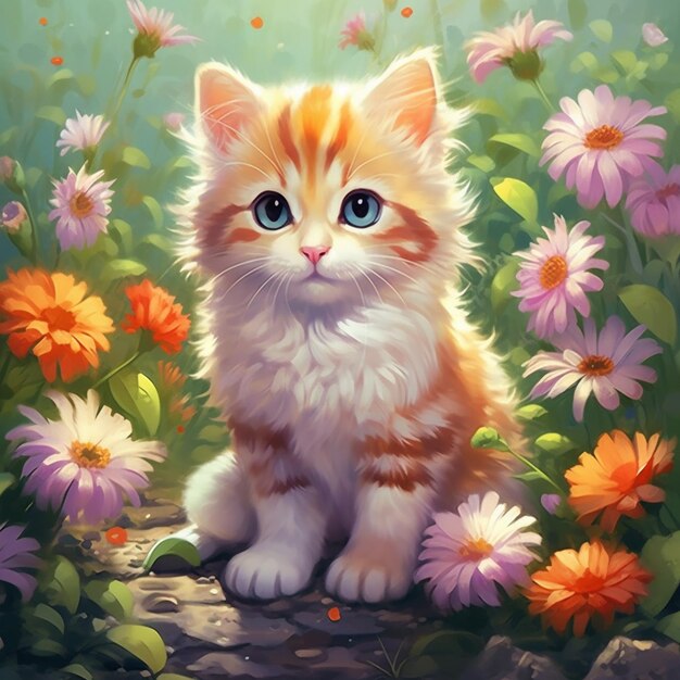 painting of a kitten sitting in a field of flowers generative ai