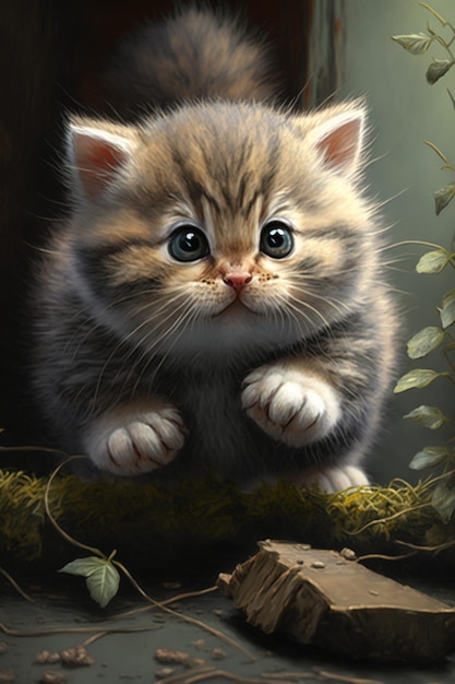 Painting of a kitten sitting on a mossy log generative ai