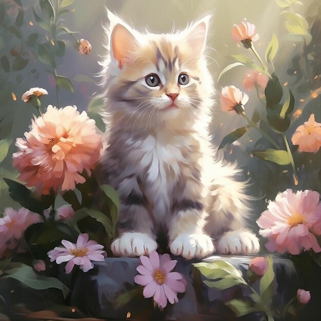 painting of a kitten sitting on a rock surrounded by flowers generative ai