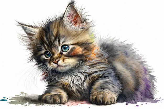 A painting of a kitten with blue eyes.