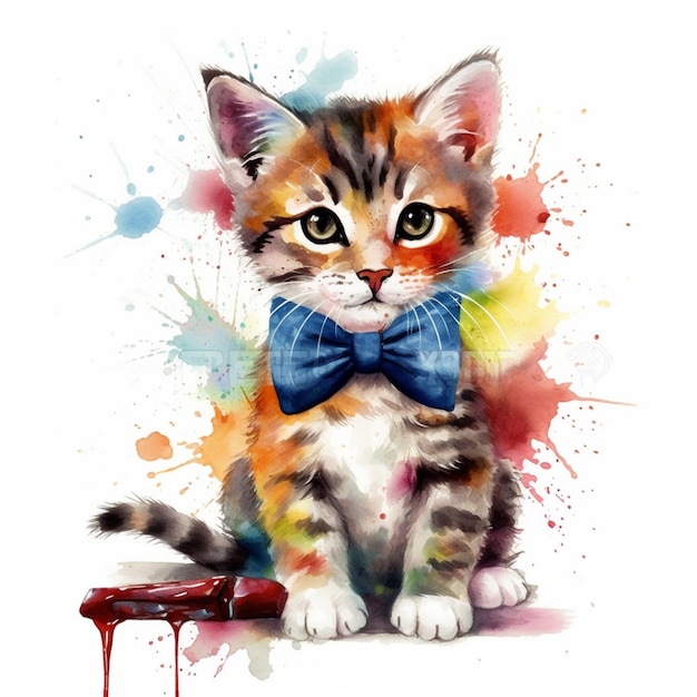 painting of a kitten with a bow tie and a paint splatter generative ai