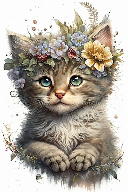 painting of a kitten with a flower crown on its head generative ai
